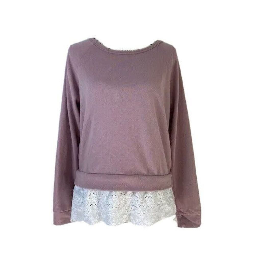 Pink Rose Sweater MED Dusty Pink Long Sleeve Lace Bottom Hem Tunic Layer Look